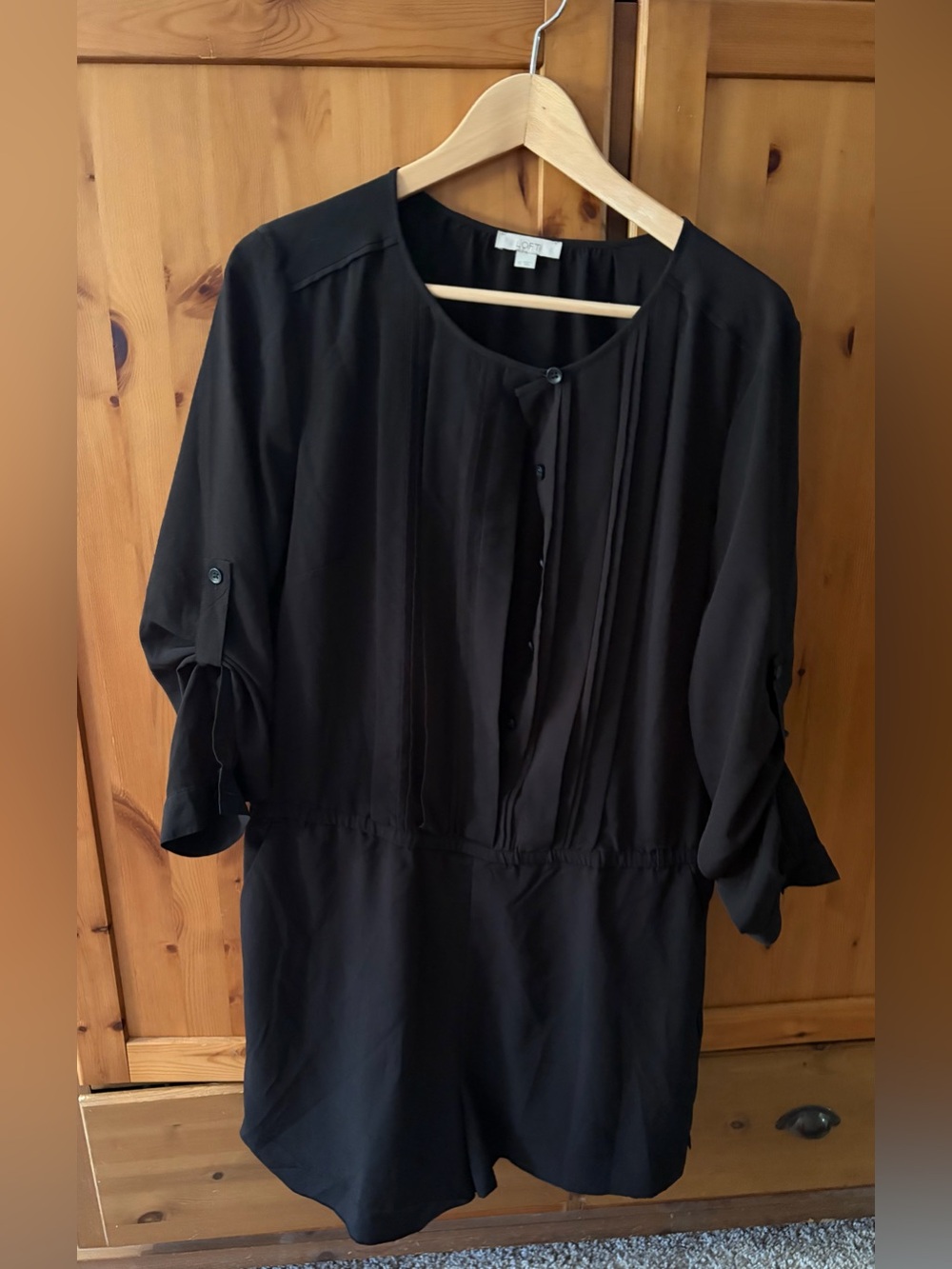 LOFT Black Button-Front Romper with Pintuck Detail